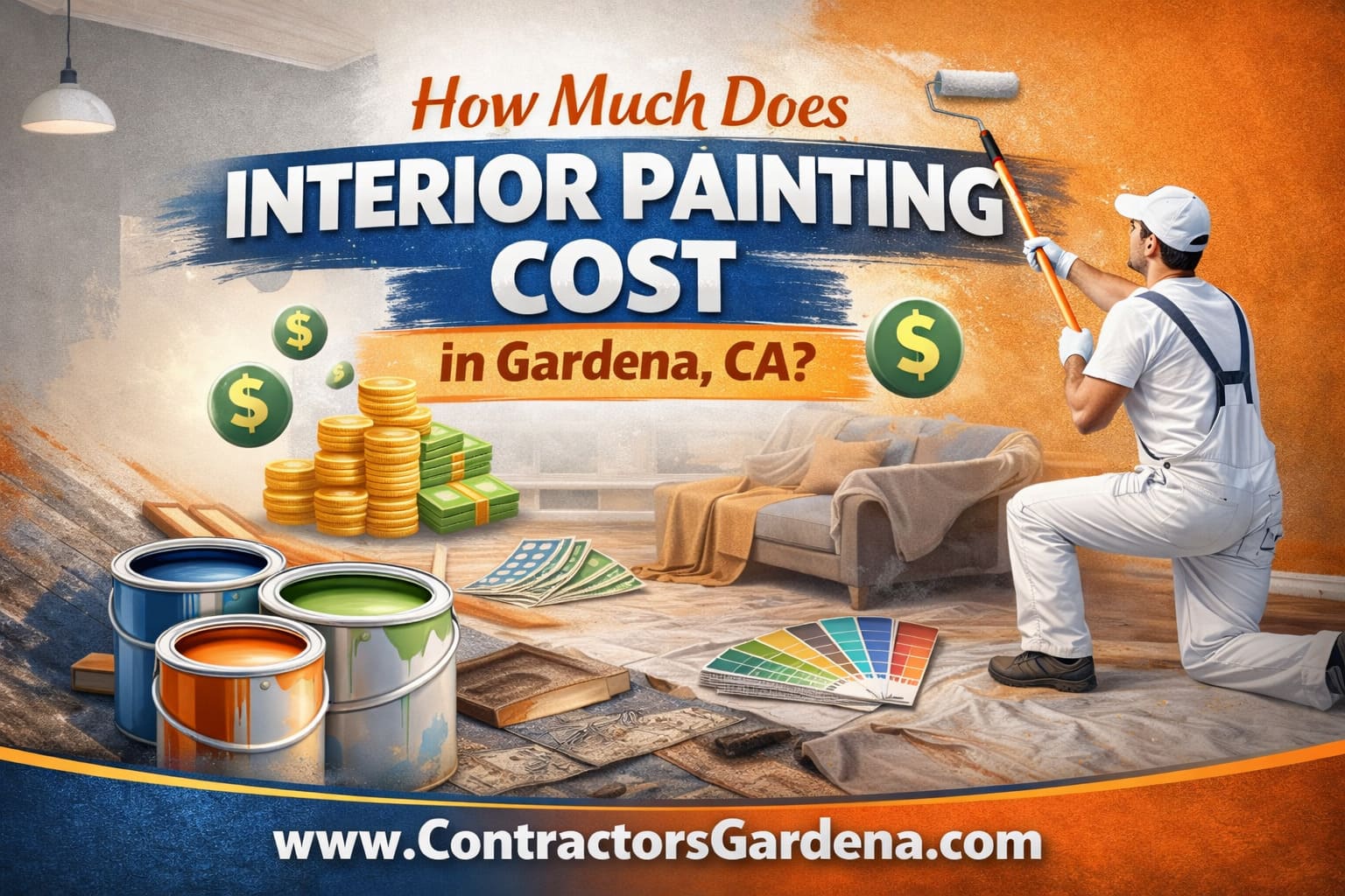 Professional interior painting in a Gardena, CA living room showing before and after transformation